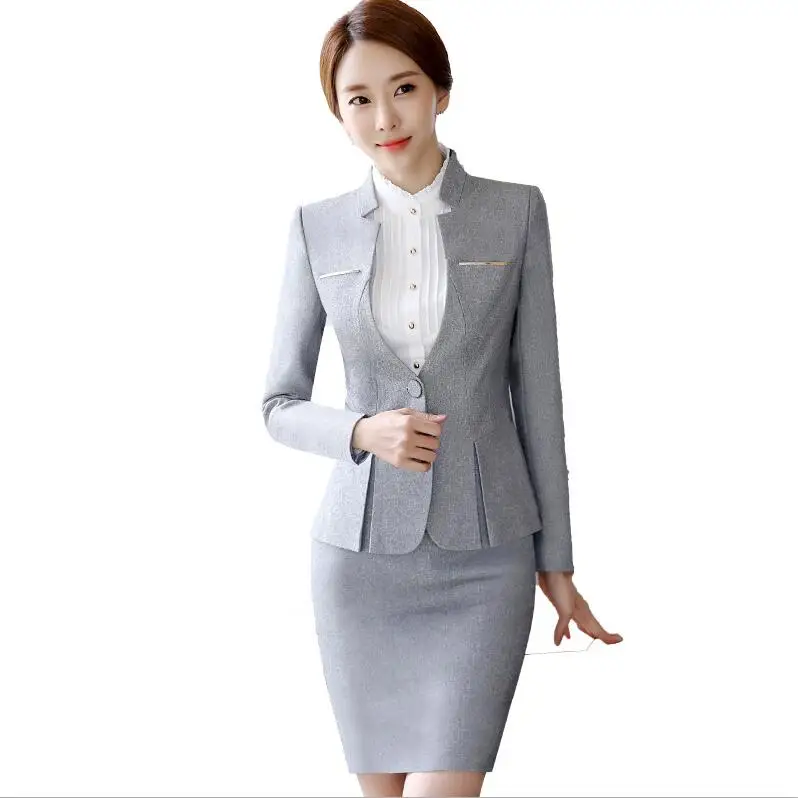 light grey skirt set Женская униформа,, женские формальные костюмы, элегантные деловые брючные костюмы, Женская рабочая одежда, офисные брючные костюмы - Цвет: light grey skirt set