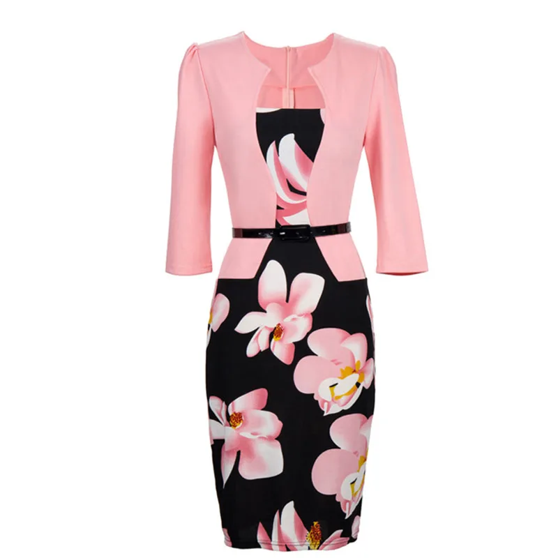 Formal Slim Office Ladies Dress Women Square Collar Puff Sleeve Pencil Dresses Autumn Spring High Waist Sashes Womens Dress