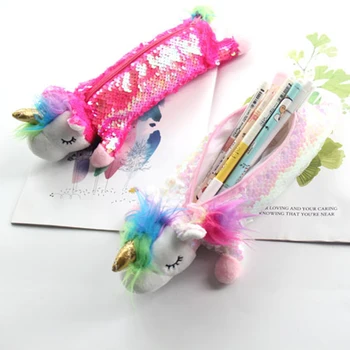 

Student Sequin Unicorn Pencil Case Girl Large Capacity Cartoon Makeup Brushes Bag Glittering Rainbow Fur Mermaid Cosmetic Case