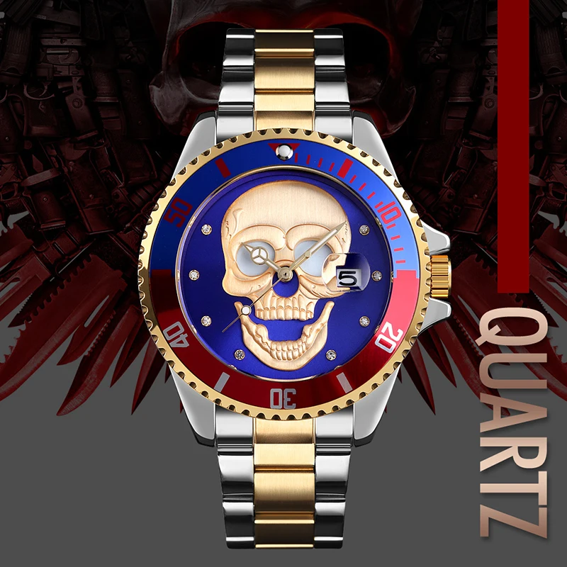

SKMEI Cacual Quartz Watch Men Watches 3Bar Waterproof 3D Relief Pattern Rhinestone Inlay Stainless Steel Strap Relojes Hombre