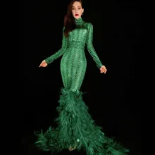 Для женщин сексуальный сценический Зеленый Стразы, украшенное перьями Для женщин на День Рождения Праздновать длинное платье с короткими рукавами и Вечеринка Для женщин Singer танцевальный костюм
