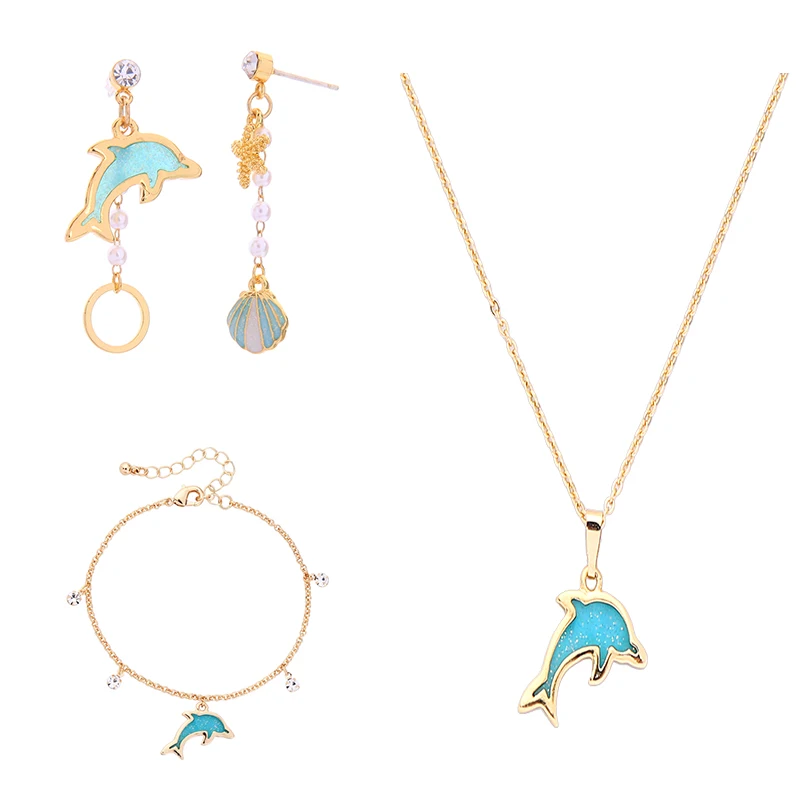 

Resin Dolphin Fish Jewelry Sets Blue Crystal Bracelets Gold Color Pendant Necklace For Women Wedding Gift New