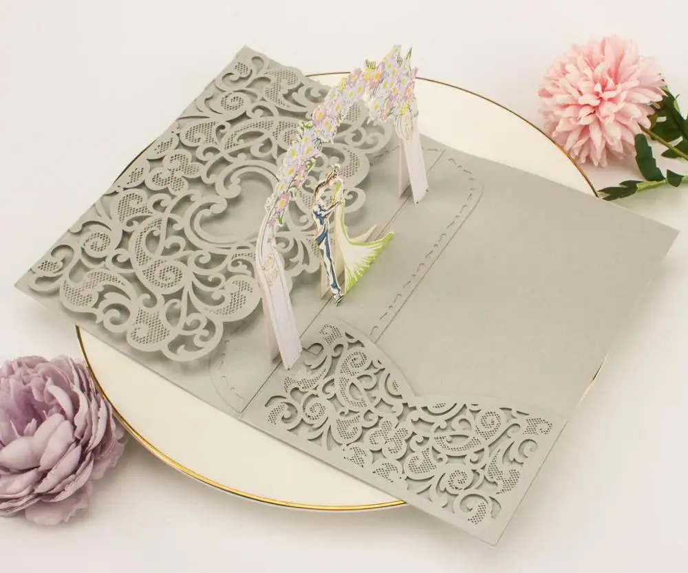1x 3D POP UP Wedding Invitation Greeting Card gold gray tri 3 Fold Pocket Laser cut With Envelope