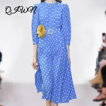 

Idyllic Vintage Style Dot Print Beaded Diamonds Pleated Mid-Sleeve Big Swing Elegant Temperament Brand Dress Women Summer 2020