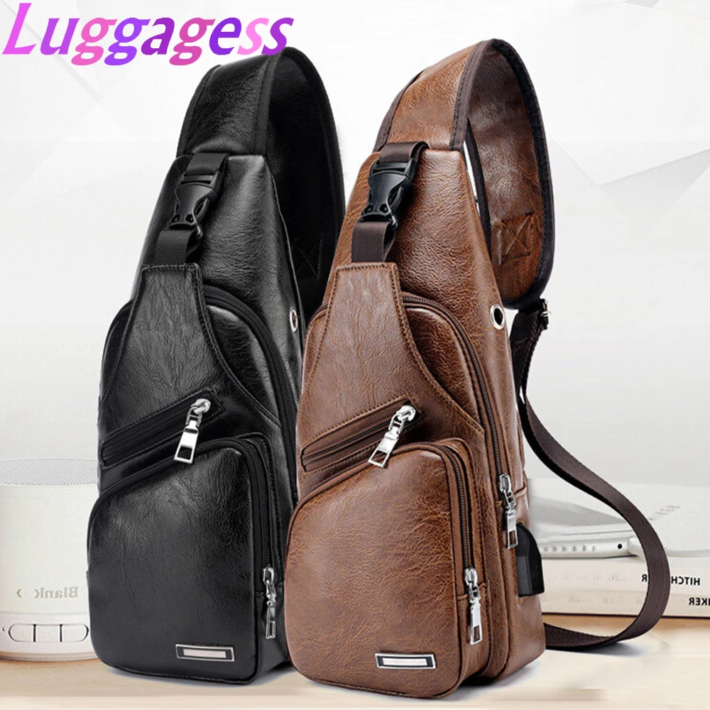 Men/'s USB Charging Bag Men/'s Chest Bag PU Shoulder Package Travel Bag For Male