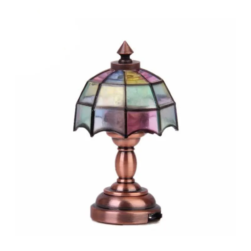 

1:12 Mini LED Night Light Creative Mini Tiffany Table Lamp Nordic Pendant Light for Home Bedroom Decoration Christmas Gift Model