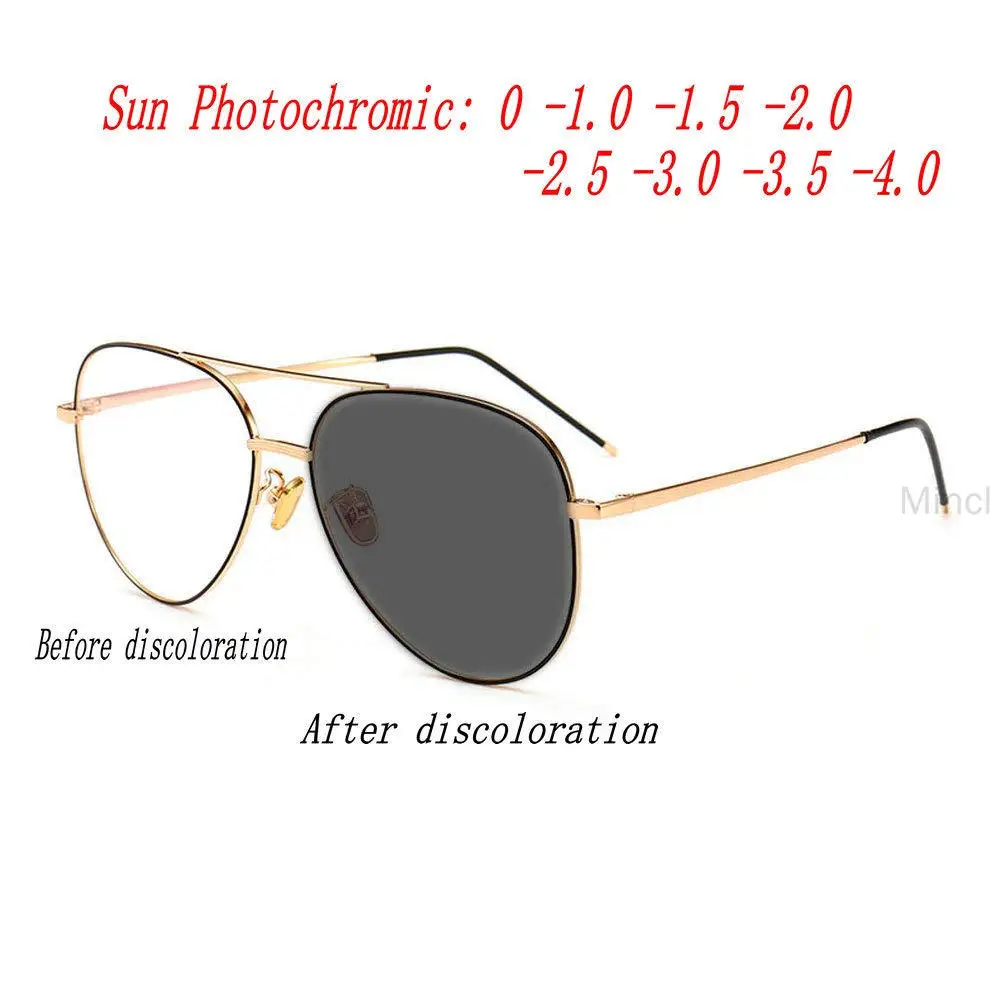 

MINCL/2019 Myopic Men Transition Sun Photochromic Lens Metal Frame Pilot Ladies Nearsighted Glasses UV400 with box FML