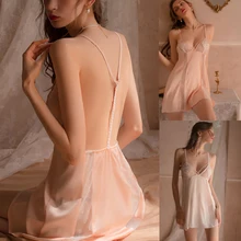 Pink Mesh See Through Women Lace Sexy Nightgown Camis Sleeveless Sashes Mini Night Dress Woman Lingerie Sleepwear Women Gecelik