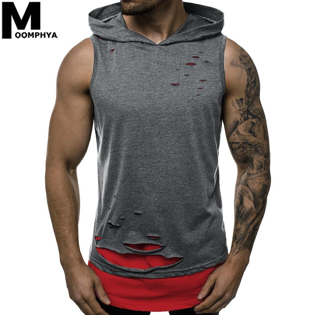 Moomphya 2020 Hooded Ripped Holes Tank Top Men Mens Clothing Bodybuilding Sleeveless Vest Longline Hem _ - Mobile