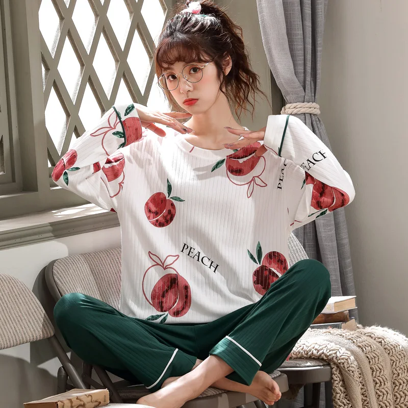 Pajama Ladies Long-sleeved 2pcs Set Suit Combed Cotton Cute Girls Cartoon Knit Large Size Fashion Home Wear | Женская одежда