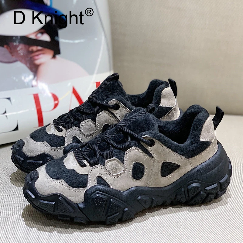 

Korean 2019 Winter Short Plush Women Casual Vulcanize Sneakers Thick-soled Old Shoes Women Color Block Lady Sports Patform Shoes