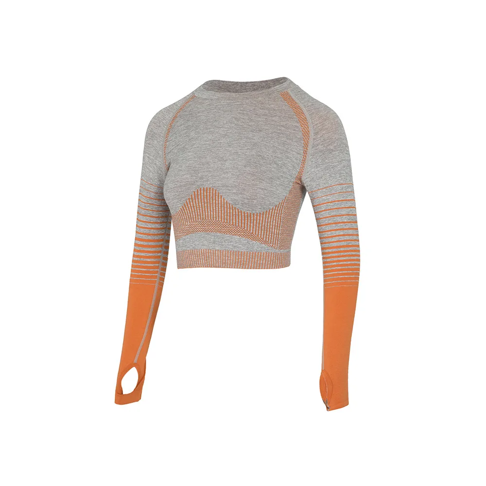 gray-orange Женский бесшовный укороченный топ, эластичные рубашки с длинным рукавом для йоги, спортивная одежда, топ для фитнеса, бесшовные рубашки для спортзала, женские облегающие майки - Цвет: gray-orange