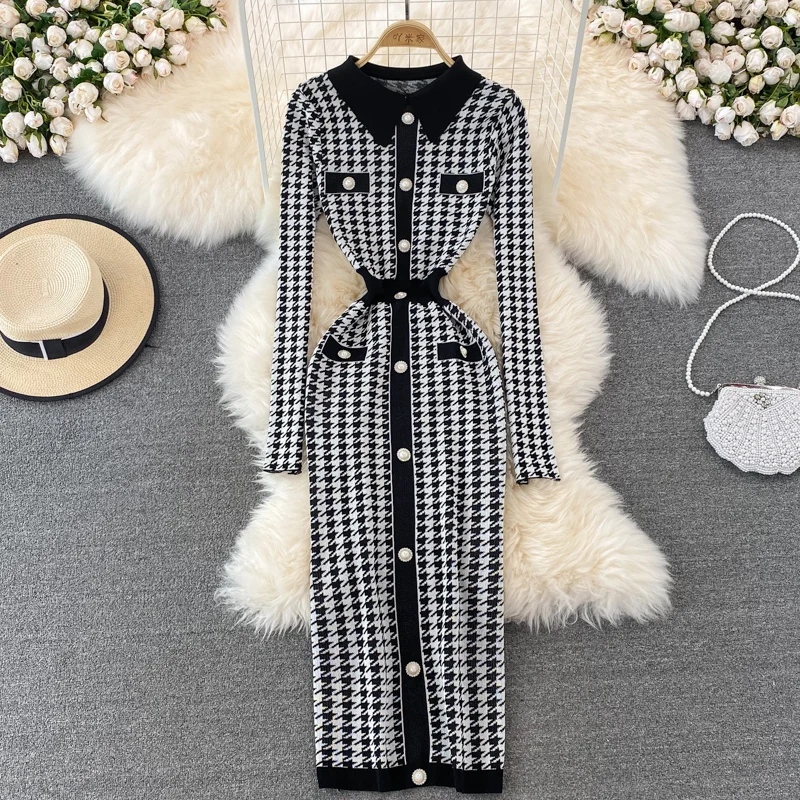 

Осень-зима 2021, новинка, приталенное платье-поло с пуговицами и воротником в клетку, с длинными рукавами, трикотажная сумка, платье на бедренной подошве