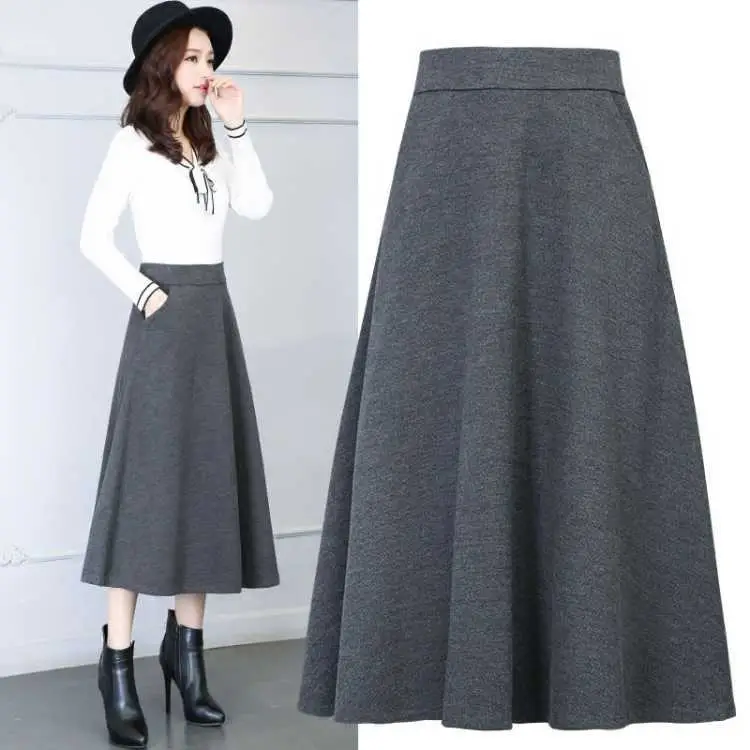 76cm length gray Женская Новинка осень зима корейский стиль длинная линия толстые теплые шерстяные юбки женские размера плюс 3XL Свободные шерстяные юбки F22 - Цвет: 76cm length gray