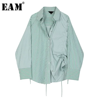 

[EAM] Women Green Striped Drawstrig Big Size Blouse New Lapel Long Sleeve Loose Fit Shirt Fashion Spring Autumn 2020 1S372