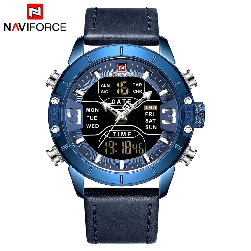 Leather BE BE NAVIFORCE мужские часы с двумя дисплеями Лидирующий бренд Модный светодиодный цифровой Роскошные мужские часы кожаные спортивные водонепроницаемые кварцевые наручные часы - Цвет: Leather BE BE
