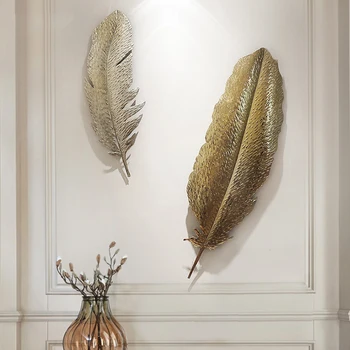

European Gold Wrought Iron Luxury 3D Wall Hanging Feather Crafts Decoration Hotel Home Livingroom Wall Sticker Mural Ornaments
