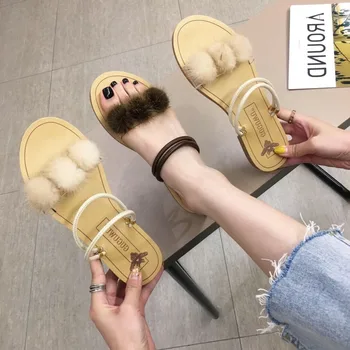 

2020 Summer Women Sexy Sandals Beach Casual Woman Shoes Fur Designers Open Toe Slip On Flats Party Dress Ladies Gladiator Sandal