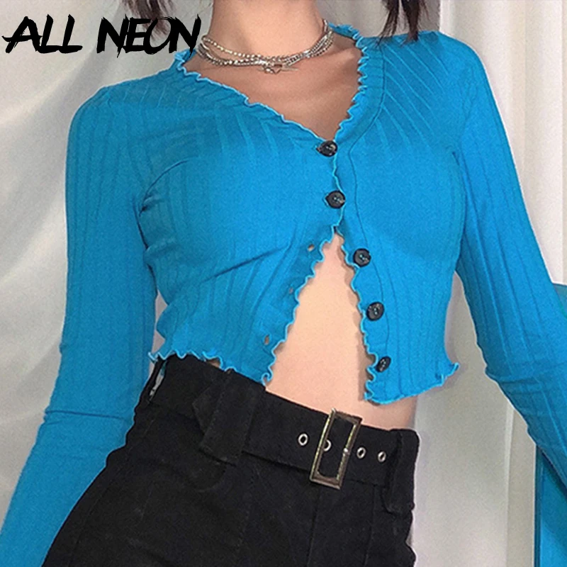 

ALLNeon Y2K Fashion Solid Ribbes Single-breasted Ruffles Knitted Crop Tops Sweet E-girl V-neck Long Sleeve Blue Cardigan Tops