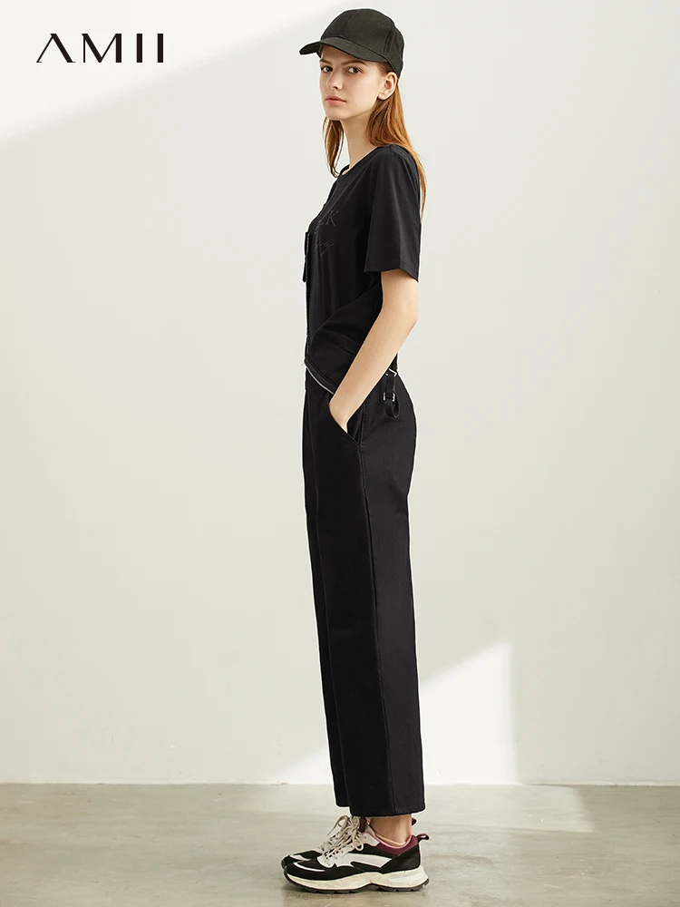 

Amii Minimal Workwear Hong Kong Taste Casual Pants 2019 Autumn Zipper Wide Leg Sling Denim Pants Casual Pants
