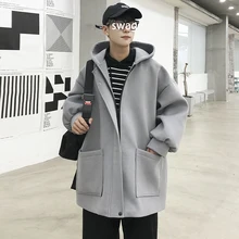 Мужское пальто, осень и зима, новое, одноцветное, с капюшоном, длинное, свободное, шерстяное пальто, Молодежная, индивидуальная, модная, трендовая, мужская одежда