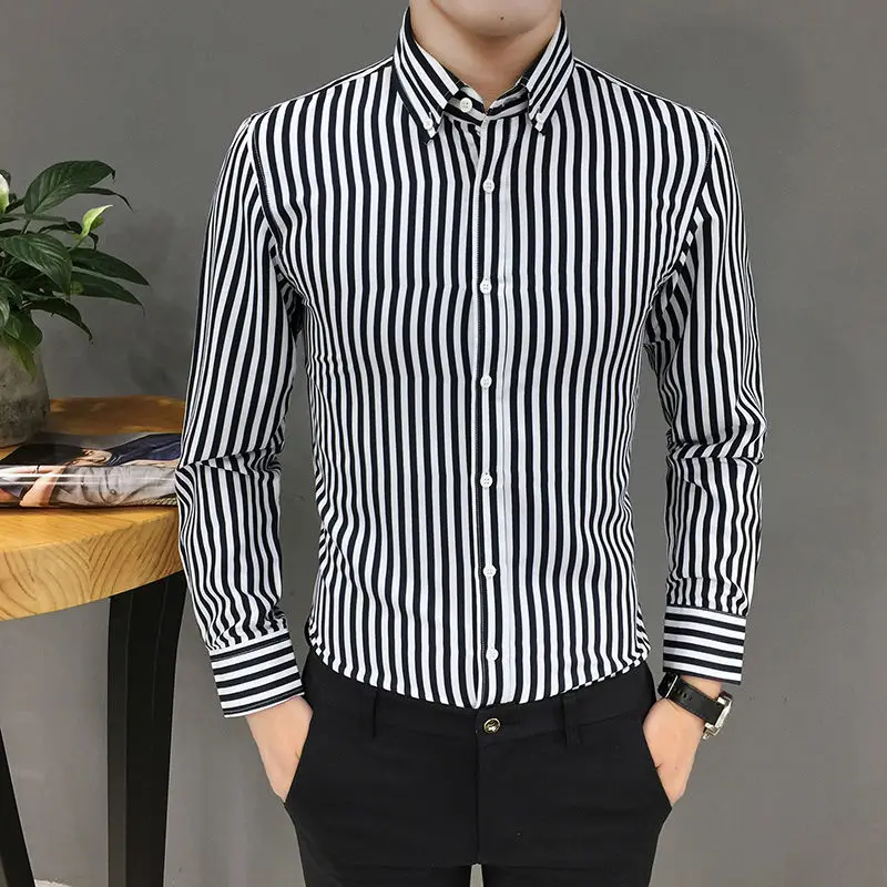 

2021 Men Long Sleeve Striped Shirts Smart Casual Dress Shirts Men Slim Fit Shirts New Spring Male Dress Shirts 283