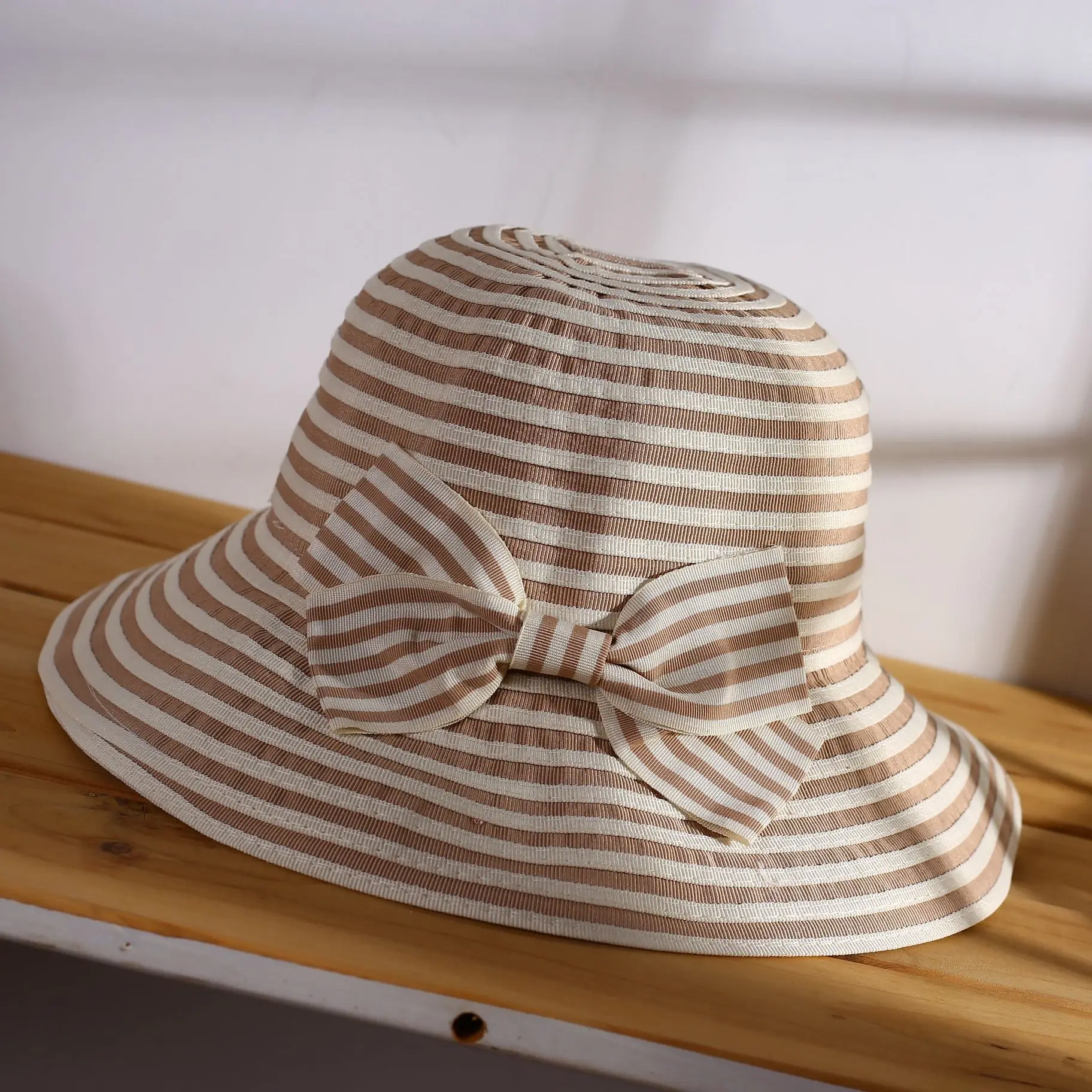 

Spring Summer Japanese-style Bucket Hat Stereotypes Topee Women's Stripes Bow Sun Hat Foldable