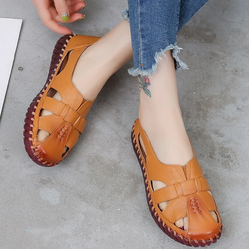 GKTINOO Genuine Leather Women Flats Hollow Loafers Summer Women's Breathable Beach Female Sandals Big Size 35-42
