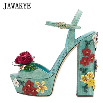 

Retro Rose Flower Appliqued Sandals Plus Size High Heel Platform Wedding Shoes Bridal Pumps Aqua Blue Sweet Girl Vacation Shoes