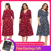 Платья для выпускного вечера размера плюс ТРАПЕЦИЕВИДНОЕ женское платье с v-образным вырезом и рукавами с принтом с большим развевающимся карманом