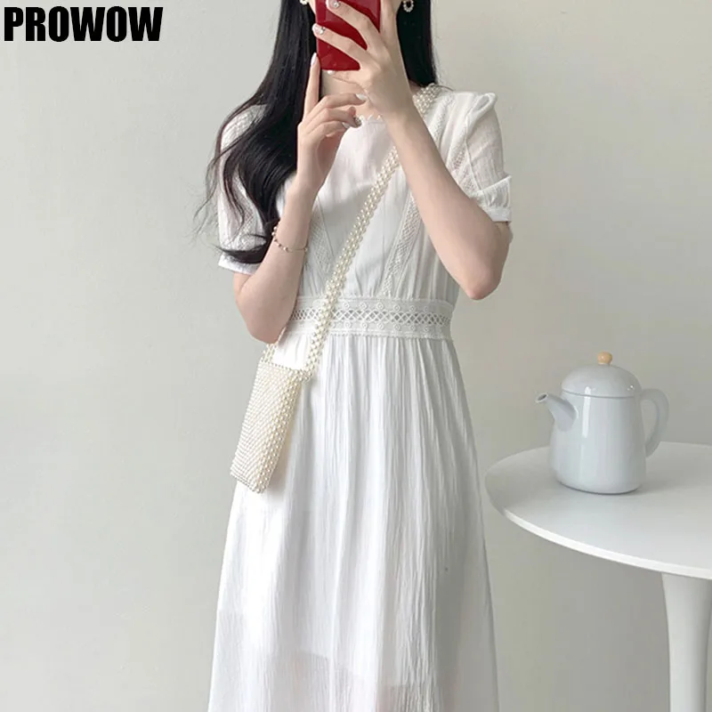

Korean Style Lace Up Pleated Patchwork White Long Dress Women Elegant High Waist Casual Fashionable Dress 2020 Summer Dresses