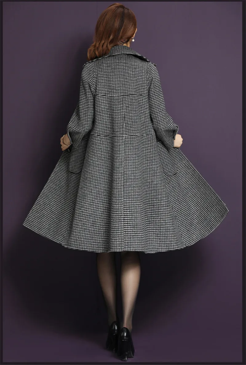 Зимнее женское пальто шерсть длинное пальто размера плюс элегантное винтажное модное клетчатое корейское пальто с карманами