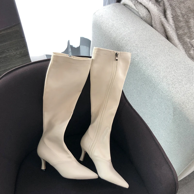 Beige Plush lining Зимние сапоги до колена; женские высокие сапоги из натуральной кожи на тонком высоком каблуке; облегающая обувь на молнии; женские сапоги В рыцарском стиле - Цвет: Beige Plush lining