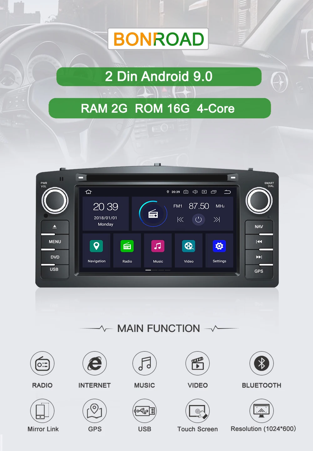 Sale Bonroad Android 9.0  2Din Car DVD GPS Navigation For Corolla E120 BYD F3 Capacitive Screen WIFI 3G USB Car Radio Video FM RDS 0