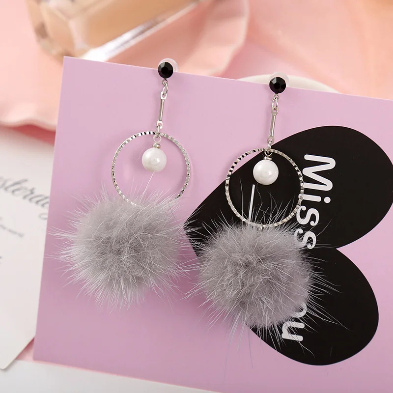 Корейские серьги с помпоном из меха норки, модные серьги с помпоном для женщин, длинные серьги с кругами и жемчугом, ювелирные изделия - Окраска металла: grey