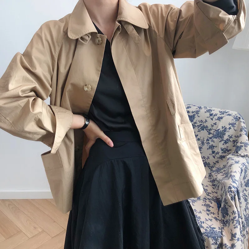 Korean Khaki Women's Windbreaker Lapel Collar Long Sleeve High Waist Sashes Loose Casual Jackets Female Fashion L716