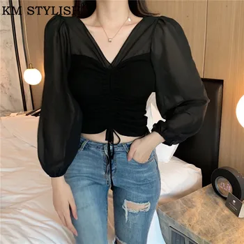 

Women Fashion Blouse 2019 Autumn New Female Black Chiffon Sexy V-neck Slim Drawstring Long Sleeve Top Short Cropped Navel Shirt