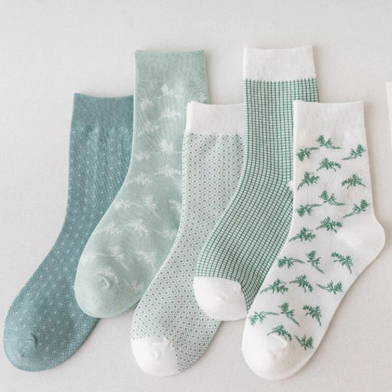 

All Fresh Green 5 Patterns Lattice Small Waves Matcha Spring Summer Skateboard Lady Girl Women Fashion Socks Casual