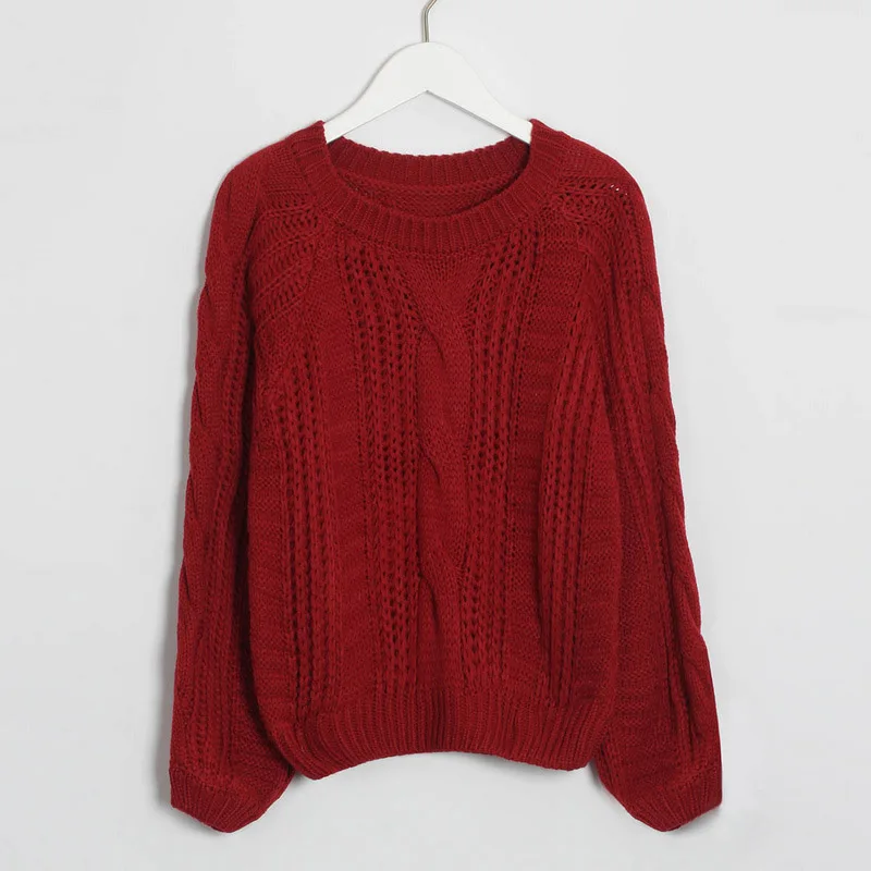 Wine Red Wixra, женский свитер,, Одноцветный, женский, с круглым вырезом, свободный, теплый, для девушек, Вязанный свитер, пуловер, осень, весна - Цвет: Wine Red