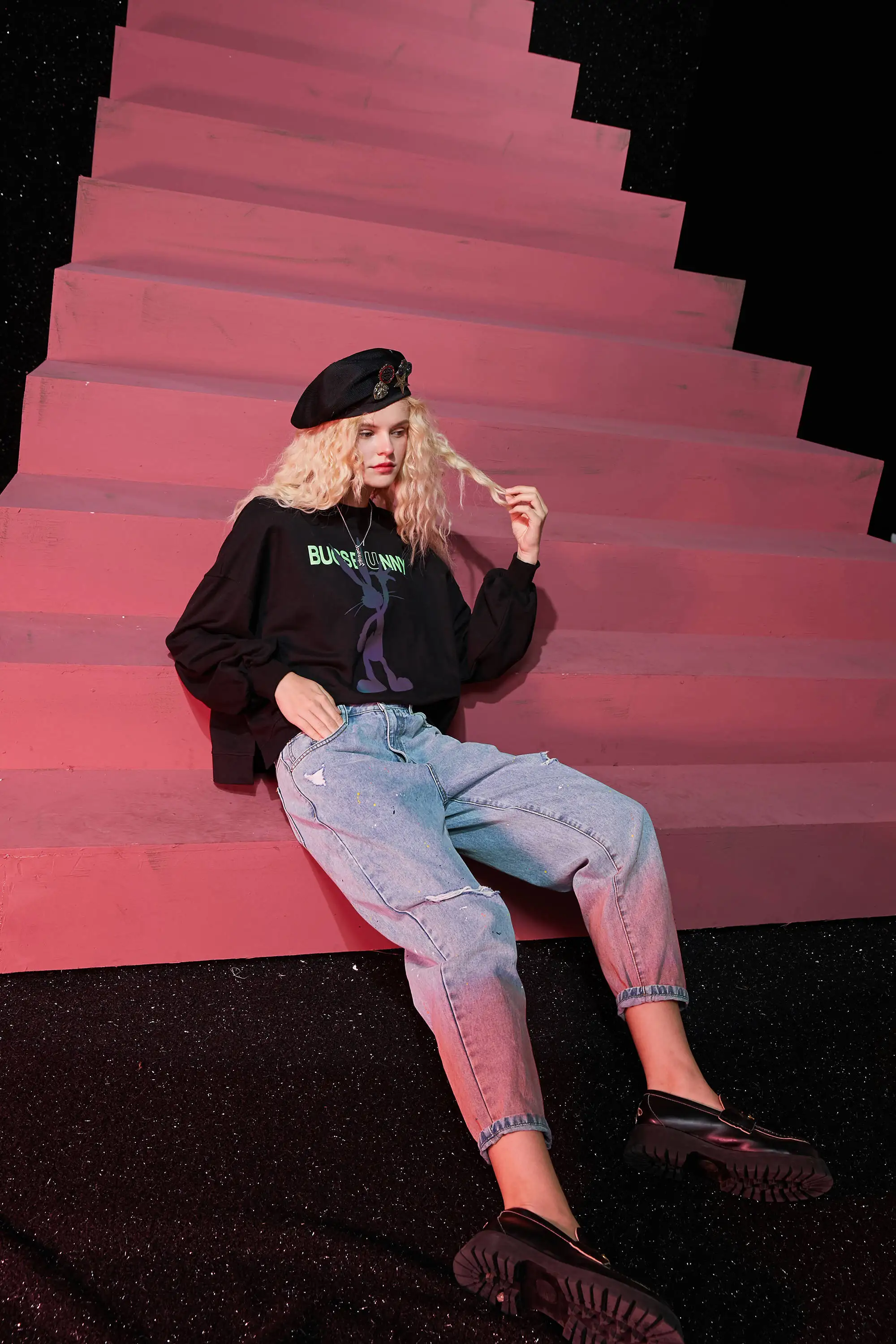 ELFSACK Pink Gradient High Waist Washed Casual Women Denim Jeans,2020 Autumn ELF Ripped Hole Korean Female Daily Basic Trousers