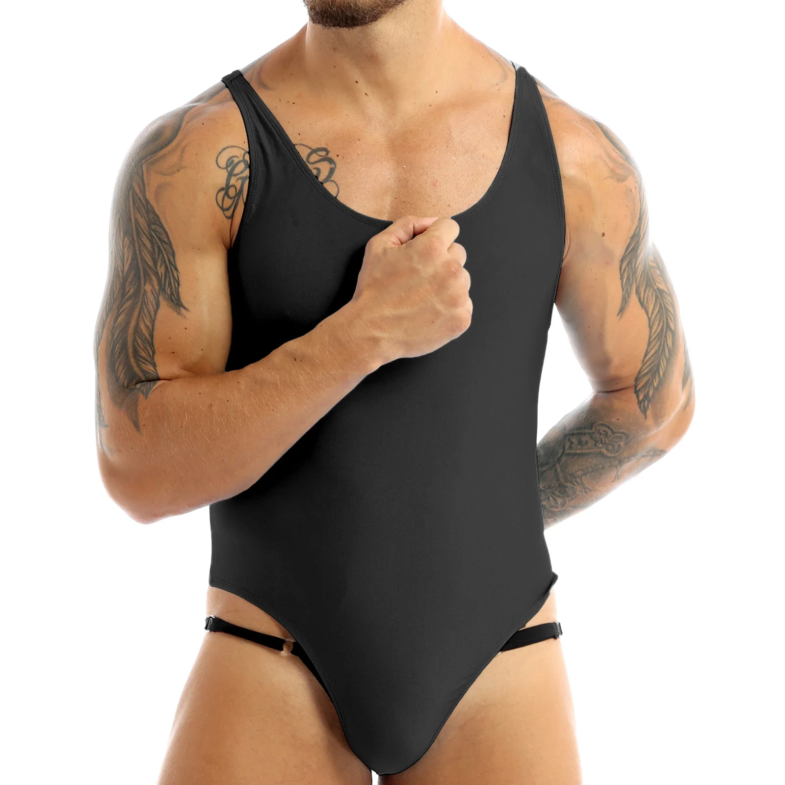 Mens Lingerie High Cut Bodysuit Leotard Singlet Underwear Sleeveless with Bulge Pouch