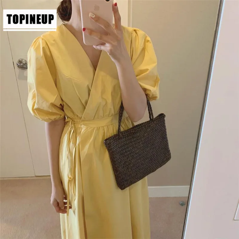 

High Waist Drawstring Chic Yellow Fit and Flare Summer Dress for Women Party Night Elegant Slim Dresses Vestidos De Festa