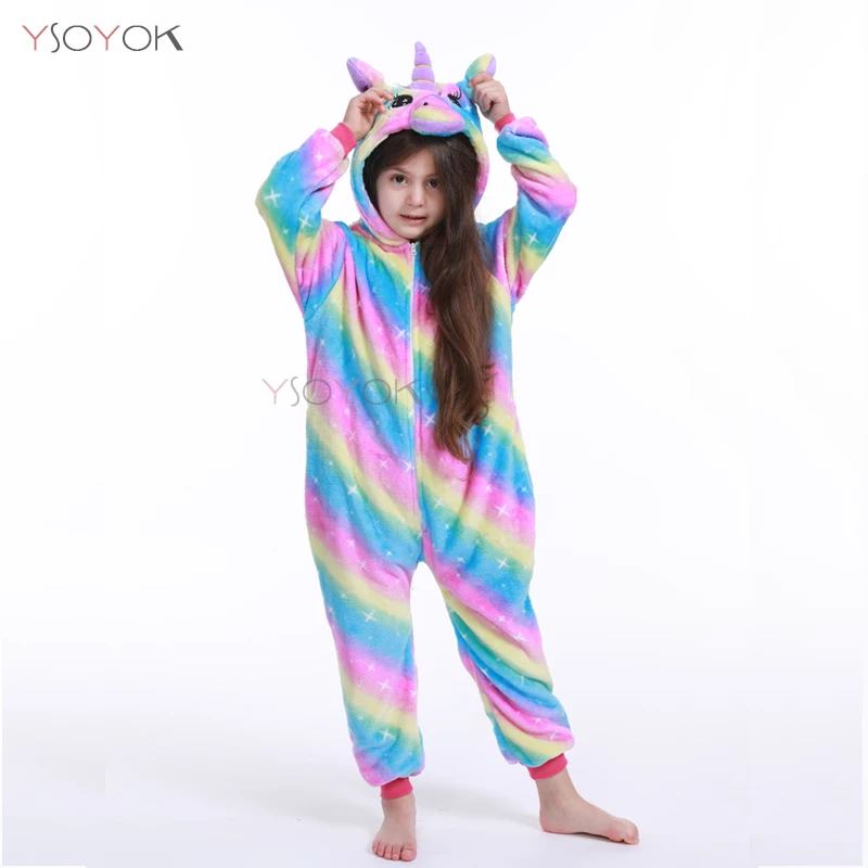 Зимняя Детская Пижама кигуруми с единорогом; Пижама-комбинезон с пандой для мальчиков и девочек; одежда для сна с животными; Фланелевая пижама; детская пижама - Цвет: Rainbow Star Unicorn
