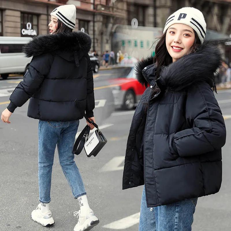 WXWT Winter Coats parkas winter new women's fashion large fur collar hooded thick cotton down jacket Russian winter coat - Цвет: black