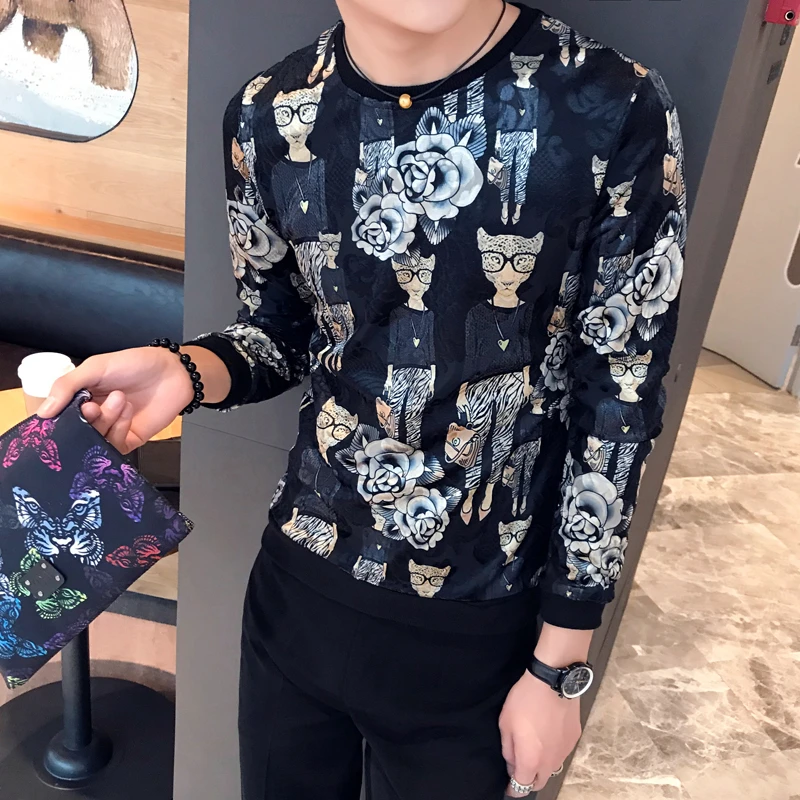 

Club Outfit Men British Style Slim Fit Long Sleeve O Neck Velvet T Shirt Luxury Men Velour T Shirt Design Printing T Shirt Homme