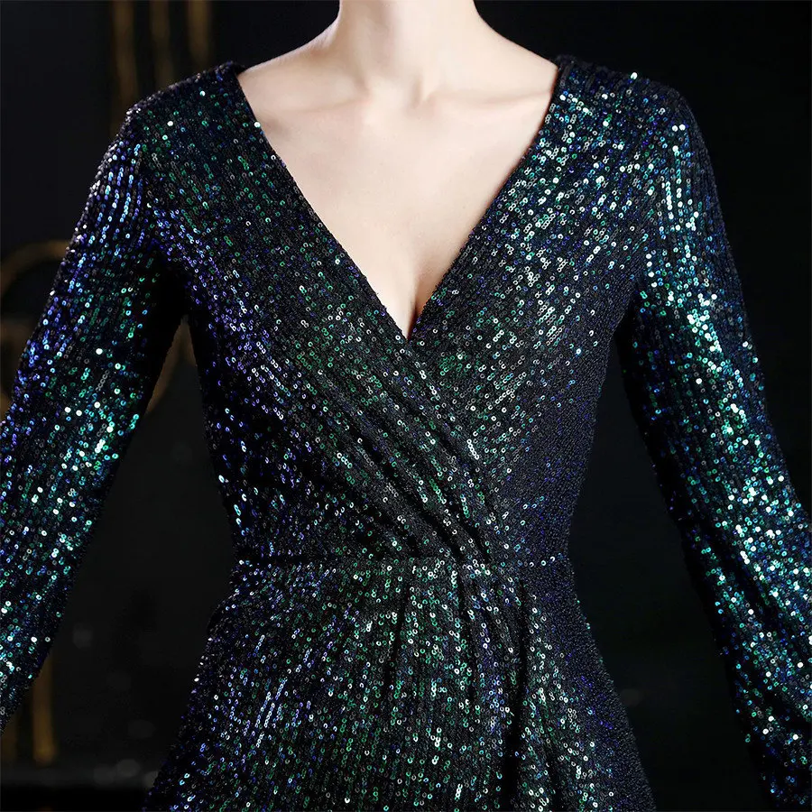 Платье для выпускного вечера с блестками Vestidos De Gala зеленое сексуальное платье с v-образным вырезом женские вечерние платья ночного DX233-4 популярного размера плюс платье для выпускного вечера с длинным рукавом