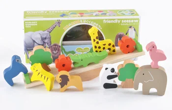 

[ Funny ] Wooden Forest animals Giraffes, lions, elephant friendly seesaw balance beam Baby early education building blocks toy