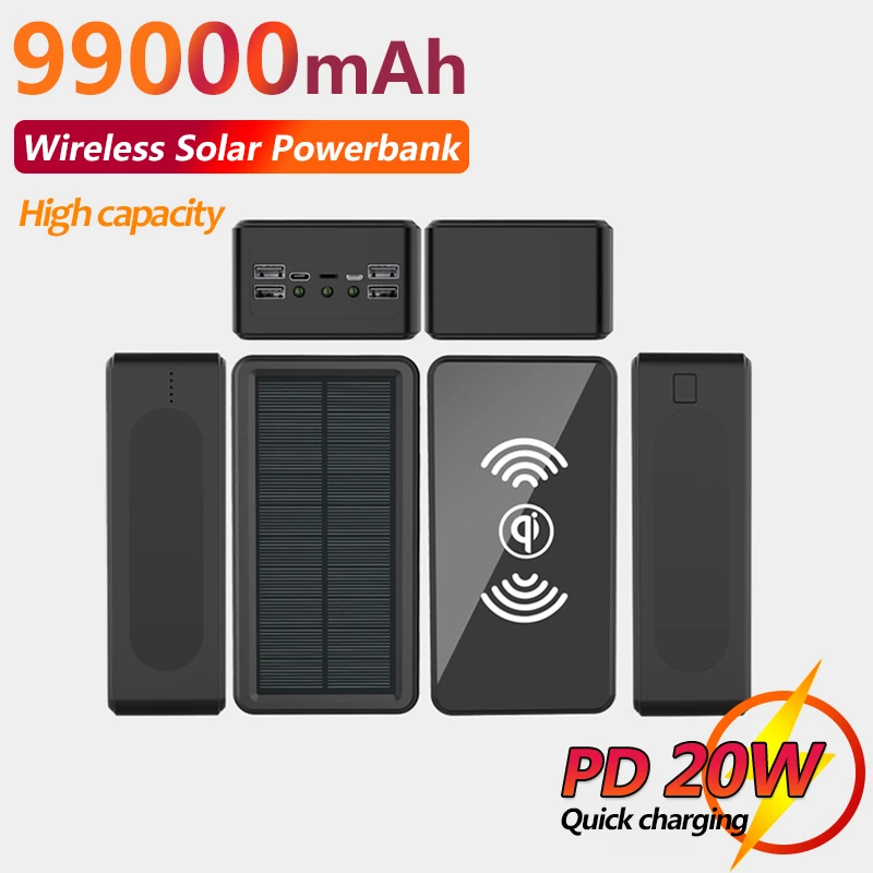 Portable 99000mAh Wireless Fast Charging Lithium Polymer Qi Solar Power Bank with Digital Display with LED Light 4USB for Iphone portable wireless charger