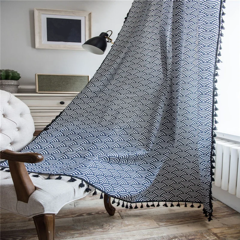 В синюю волнистую-стиль с принтом шторы кисточкой обогащение окна из хлопка и