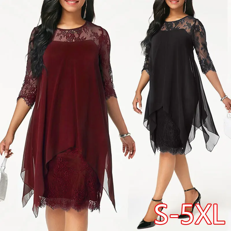 Шифоновые платья размера плюс 5XL, женские новые модные шифоновые платья с рукавом три четверти, кружевные платья с неровным подолом vestidos